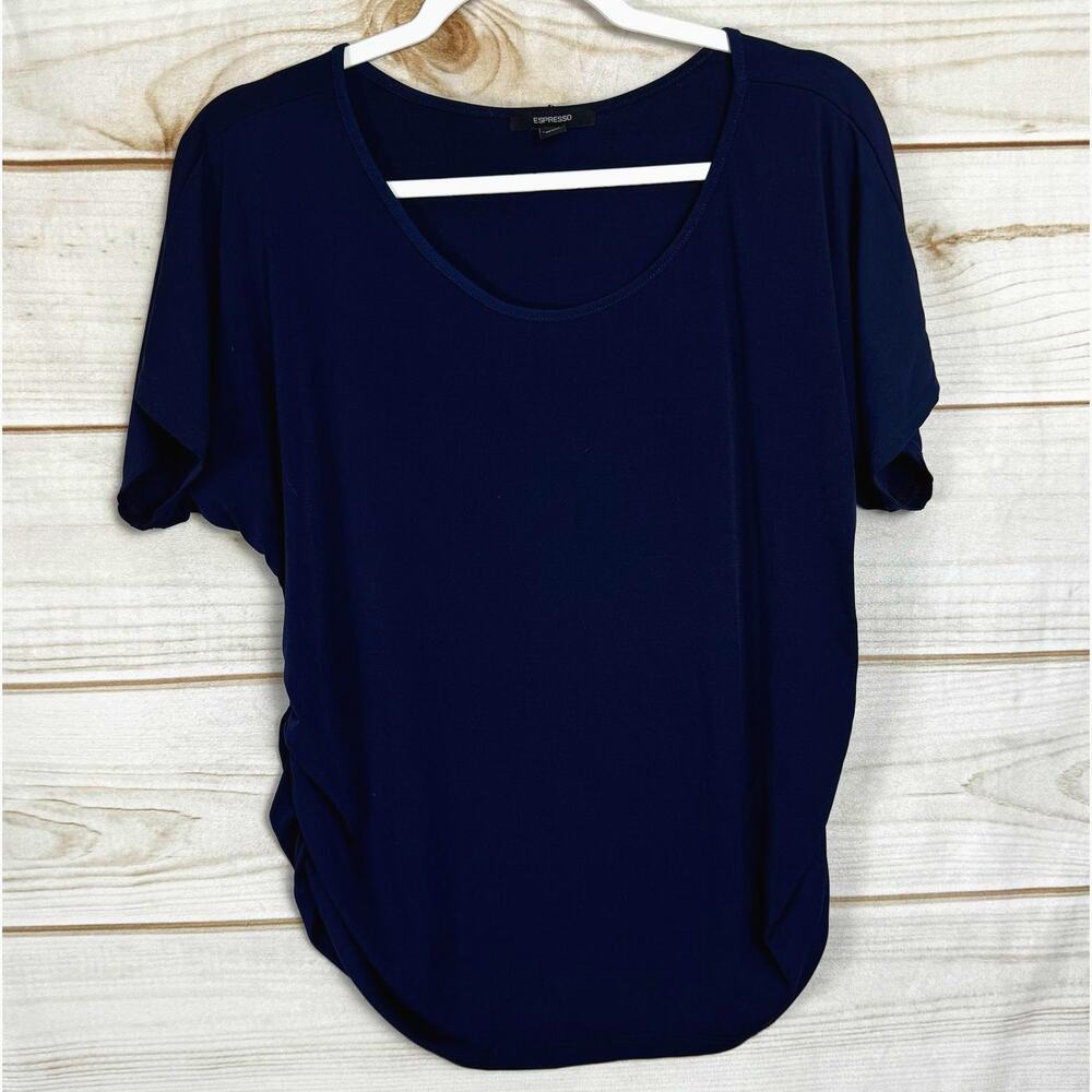 Espresso Navy Blue Side Cinched Short Sleeve Scoop Neck T-Shirt Size Large